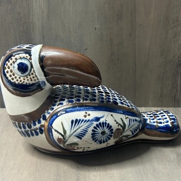 Vintage J Santana Tonala Mexico Ceramic Toucan Hand-Painted Floral Blue Brown - Picture 3 of 8